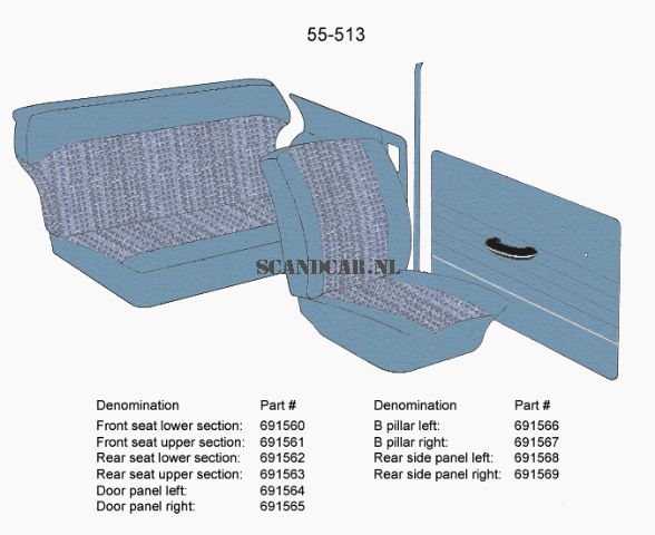 Volvo Upholstery PV544 B style Right blue 1964-1965 (55-513)see nr 691566 Volvo part no 691567