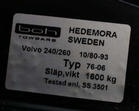 Volvo Towbar 240+260+245 1981+ max 1600kg EU approval 9134644 Volvo part no 416287