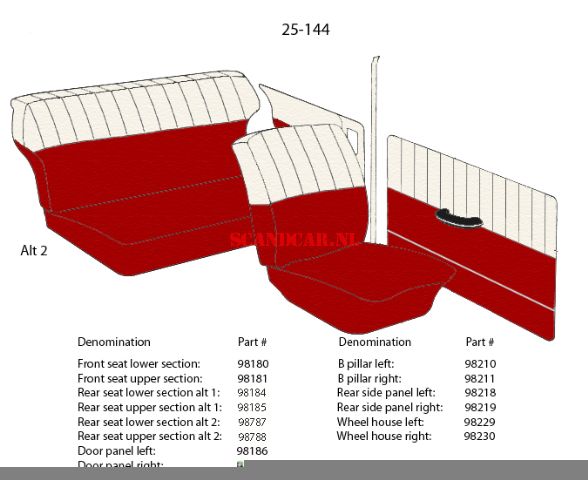 Volvo Upholstery PV544 rear side panel left red-beige vinyl code 25-411 For Volvo Volvo part no 98218