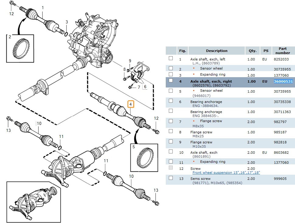 Aandrijfas Voorzijde Rechts AW50 - 51 AWD Volvo V70 - S60 origineel