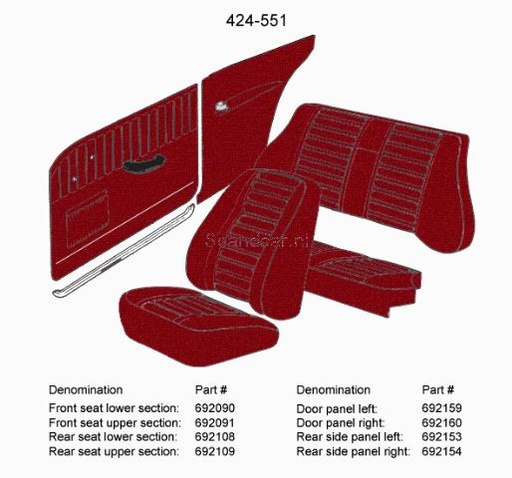 [692154] Volvo Upholstery Amazon 2D side panel cover Rear right red 424-551 see set 692153 Volvo part no 692154
