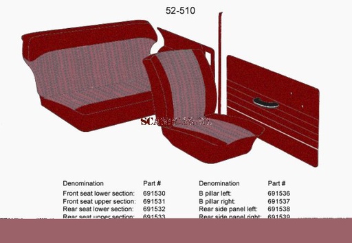 [691539] Volvo Upholstery PV544 side panel upholstery right rear red 52-510 1965-1966 Volvo part no 691539