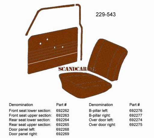 [692277] Volvo Upholstery Duett 210 B pillar right brown 230-544 1966-1968 Volvo part no 692277